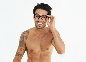 Wall Mural - Come closer so I can see you better. Portrait of bare-chested man wearing retro glasses isolated on white.