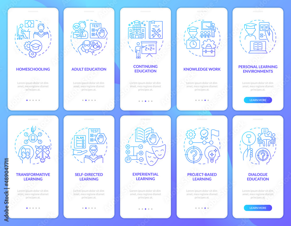 Lifelong learning blue gradient onboarding mobile app screen set ...