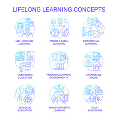 Lifelong learning blue gradient concept icons set. Adult education. Skills development idea thin line color illustrations. Isolated symbols. Roboto-Medium, Myriad Pro-Bold fonts used