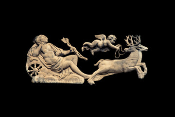 Ancient statue Artemis (Diana). Goddess of of the moon, wildlife, nature and hunting. She rides a chariot drawn by deer with gold horns .