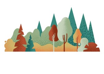 Vector simple landscape with trees and shrubs. Horizontal illustration of nature flat style. Deciduous and coniferous mixed forest.