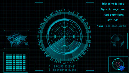 Wall Mural - Radar HUD Screen Animation 4K. Motion graphic of colorful sonar radar screen searching an object with line digital technology background, Futuristic animation concept seamless loop video	
