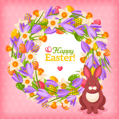 Wall Mural - Easter eggs and flowers wreath in flat style with place for your text. Vector illustration. Cute rabbit character. Easter template design, greeting card. Spring greetings light frame.