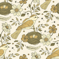 Canvas Print - Vintage birds and daisy flowers seamless pattern. Retro illustration