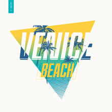 Venice Beach Graphic T-shirt Design With Palm Tress, Summer Retro Print, Vector Illustration