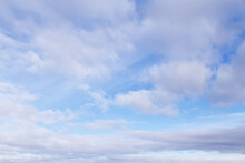 Beautiful Epic Soft Gentle Blue Sky With White And Grey Cirrus And Fluffy Clouds Background Texture
