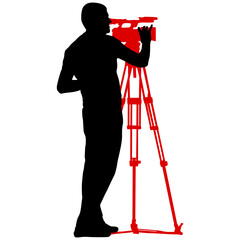 Wall Mural - Cameraman with video camera. Silhouettes on white background