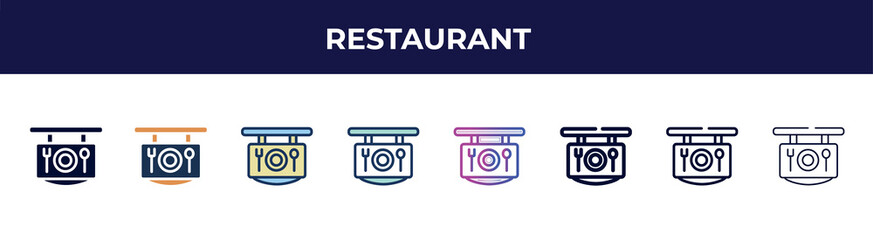 Poster - restaurant icon in 8 styles. line, filled, glyph, thin outline, colorful, stroke and gradient styles, restaurant vector sign. symbol, logo illustration. different style icons set.