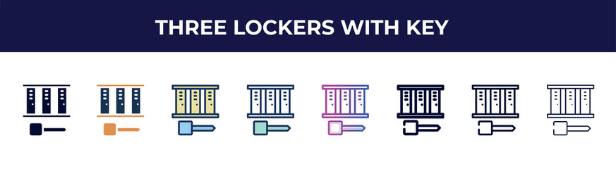 Poster - three lockers with key icon in 8 styles. line, filled, glyph, thin outline, colorful, stroke and gradient styles, three lockers with key vector sign. symbol, logo illustration. different style icons