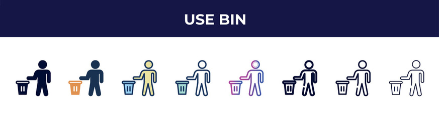 Poster - use bin icon in 8 styles. line, filled, glyph, thin outline, colorful, stroke and gradient styles, use bin vector sign. symbol, logo illustration. different style icons set.