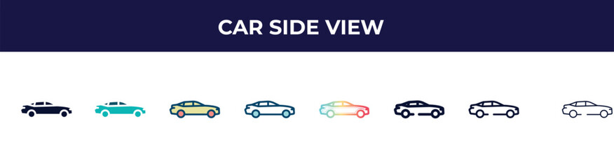 Poster - car side view icon in 8 styles. line, filled, glyph, thin outline, colorful, stroke and gradient styles, car side view vector sign. symbol, logo illustration. different style icons set.