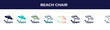 © VectorStockDesign - beach chair icon in 8 styles. line, filled, glyph, thin outline, colorful, stroke and gradient styles, beach chair vector sign. symbol, logo illustration. different style icons set.