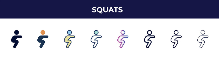 Poster - squats icon in 8 styles. line, filled, glyph, thin outline, colorful, stroke and gradient styles, squats vector sign. symbol, logo illustration. different style icons set.