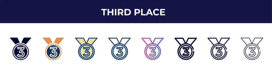 Poster - third place icon in 8 styles. line, filled, glyph, thin outline, colorful, stroke and gradient styles, third place vector sign. symbol, logo illustration. different style icons set.