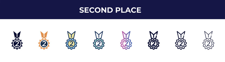 Poster - second place icon in 8 styles. line, filled, glyph, thin outline, colorful, stroke and gradient styles, second place vector sign. symbol, logo illustration. different style icons set.