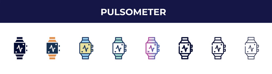Poster - pulsometer icon in 8 styles. line, filled, glyph, thin outline, colorful, stroke and gradient styles, pulsometer vector sign. symbol, logo illustration. different style icons set.