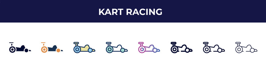 Poster - kart racing icon in 8 styles. line, filled, glyph, thin outline, colorful, stroke and gradient styles, kart racing vector sign. symbol, logo illustration. different style icons set.