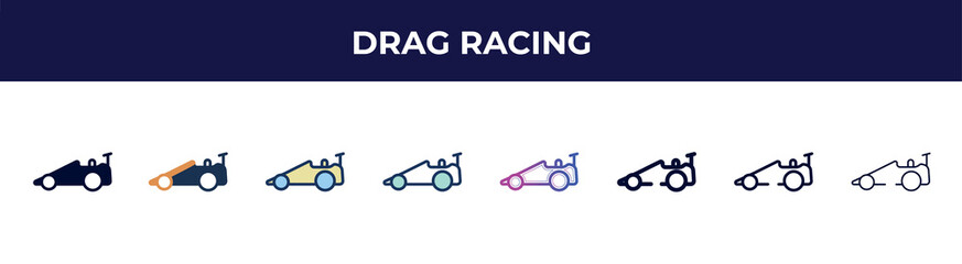Poster - drag racing icon in 8 styles. line, filled, glyph, thin outline, colorful, stroke and gradient styles, drag racing vector sign. symbol, logo illustration. different style icons set.