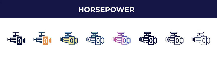 Poster - horsepower icon in 8 styles. line, filled, glyph, thin outline, colorful, stroke and gradient styles, horsepower vector sign. symbol, logo illustration. different style icons set.