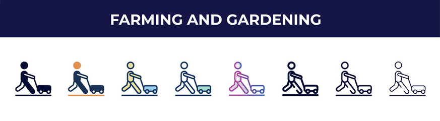 Poster - farming and gardening icon in 8 styles. line, filled, glyph, thin outline, colorful, stroke and gradient styles, farming and gardening vector sign. symbol, logo illustration. different style icons