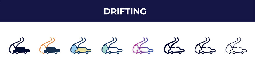 Poster - drifting icon in 8 styles. line, filled, glyph, thin outline, colorful, stroke and gradient styles, drifting vector sign. symbol, logo illustration. different style icons set.