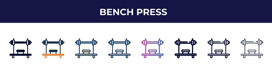 Poster - bench press icon in 8 styles. line, filled, glyph, thin outline, colorful, stroke and gradient styles, bench press vector sign. symbol, logo illustration. different style icons set.