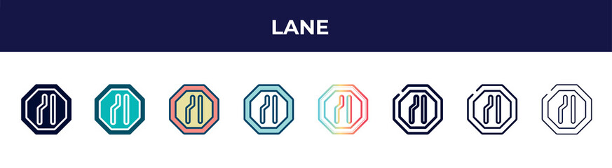 Poster - lane icon in 8 styles. line, filled, glyph, thin outline, colorful, stroke and gradient styles, lane vector sign. symbol, logo illustration. different style icons set.