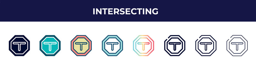 Poster - intersecting icon in 8 styles. line, filled, glyph, thin outline, colorful, stroke and gradient styles, intersecting vector sign. symbol, logo illustration. different style icons set.