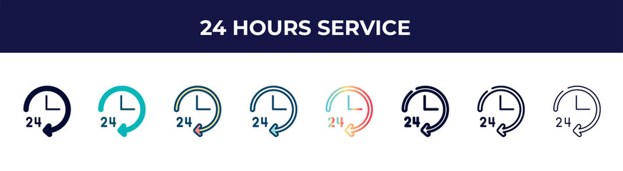 Poster - 24 hours service icon in 8 styles. line, filled, glyph, thin outline, colorful, stroke and gradient styles, 24 hours service vector sign. symbol, logo illustration. different style icons set.