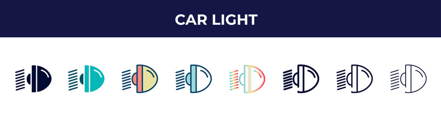Poster - car light icon in 8 styles. line, filled, glyph, thin outline, colorful, stroke and gradient styles, car light vector sign. symbol, logo illustration. different style icons set.