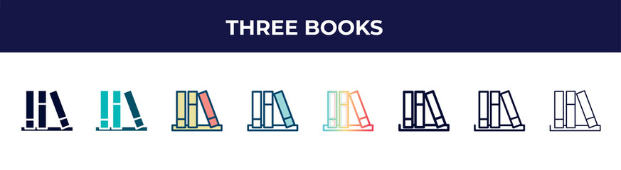 Poster - three books icon in 8 styles. line, filled, glyph, thin outline, colorful, stroke and gradient styles, three books vector sign. symbol, logo illustration. different style icons set.