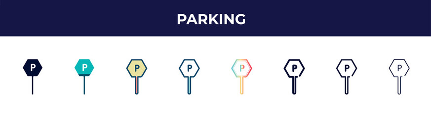 Poster - parking icon in 8 styles. line, filled, glyph, thin outline, colorful, stroke and gradient styles, parking vector sign. symbol, logo illustration. different style icons set.
