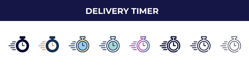 Poster - delivery timer icon in 8 styles. line, filled, glyph, thin outline, colorful, stroke and gradient styles, delivery timer vector sign. symbol, logo illustration. different style icons set.