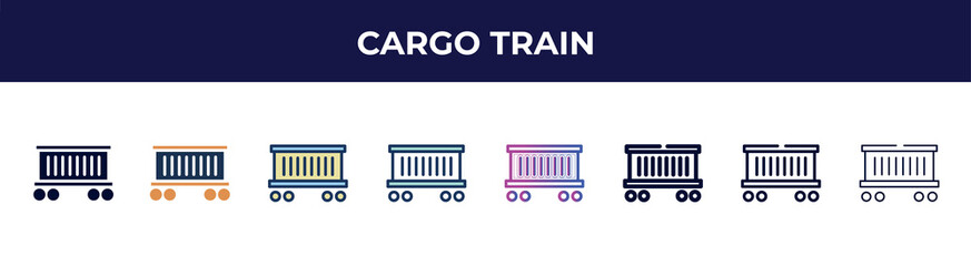 Poster - cargo train icon in 8 styles. line, filled, glyph, thin outline, colorful, stroke and gradient styles, cargo train vector sign. symbol, logo illustration. different style icons set.
