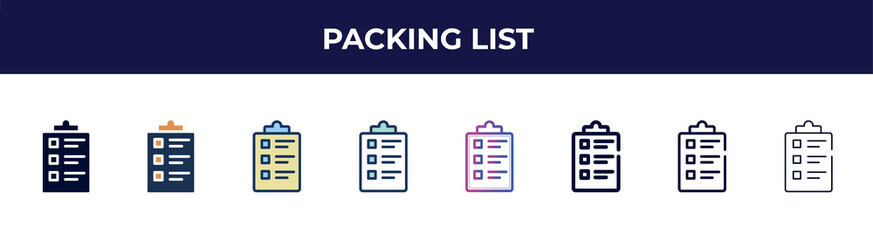 Aufkleber - packing list icon in 8 styles. line, filled, glyph, thin outline, colorful, stroke and gradient styles, packing list vector sign. symbol, logo illustration. different style icons set.