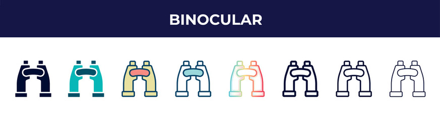 Poster - binocular icon in 8 styles. line, filled, glyph, thin outline, colorful, stroke and gradient styles, binocular vector sign. symbol, logo illustration. different style icons set.