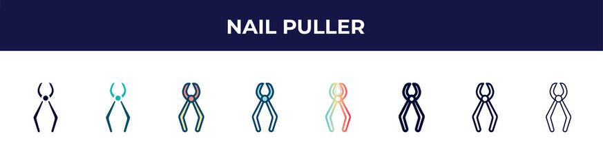 nail puller icon in 8 styles. line, filled, glyph, thin outline, colorful, stroke and gradient styles, nail puller vector sign. symbol, logo illustration. different style icons set.