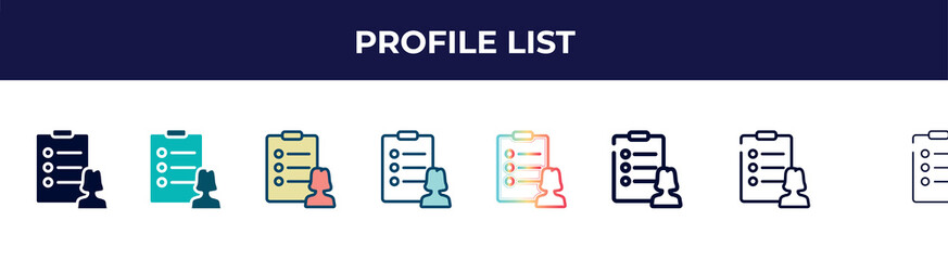 Poster - profile list icon in 8 styles. line, filled, glyph, thin outline, colorful, stroke and gradient styl
