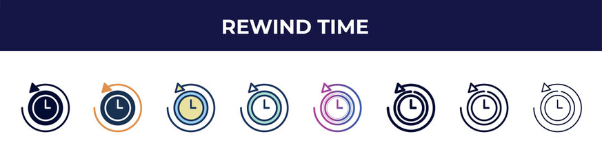 Poster - rewind time icon in 8 styles. line, filled, glyph, thin outline, colorful, stroke and gradient styles, rewind time vector sign. symbol, logo illustration. different style icons set.