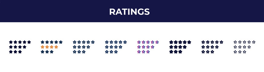 Poster - ratings icon in 8 styles. line, filled, glyph, thin outline, colorful, stroke and gradient styles, ratings vector sign. symbol, logo illustration. different style icons set.