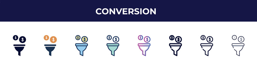 Poster - conversion icon in 8 styles. line, filled, glyph, thin outline, colorful, stroke and gradient styles, conversion vector sign. symbol, logo illustration. different style icons set.