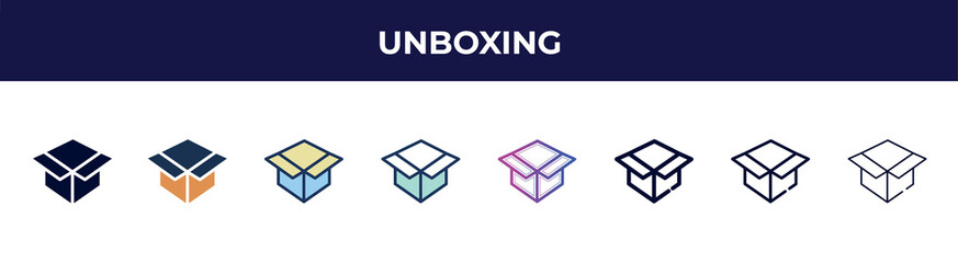 Poster - unboxing icon in 8 styles. line, filled, glyph, thin outline, colorful, stroke and gradient styles, unboxing vector sign. symbol, logo illustration. different style icons set.