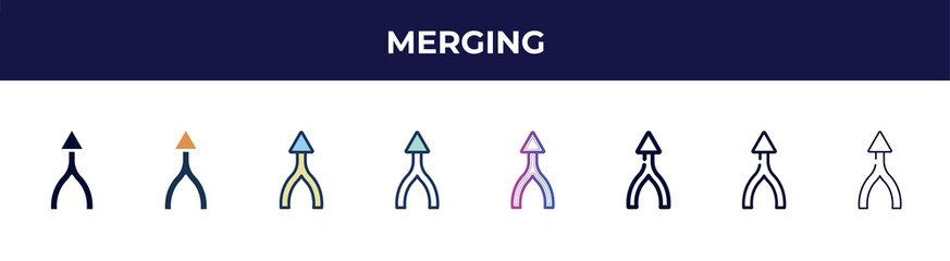 Aufkleber - merging icon in 8 styles. line, filled, glyph, thin outline, colorful, stroke and gradient styles, merging vector sign. symbol, logo illustration. different style icons set.