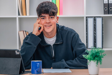 Poster - student with laptop at home smiling happy