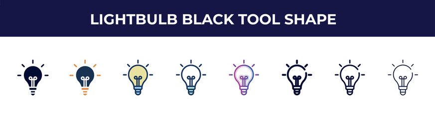Poster - lightbulb black tool shape icon in 8 styles. line, filled, glyph, thin outline, colorful, stroke and gradient styles, lightbulb black tool shape vector sign. symbol, logo illustration. different