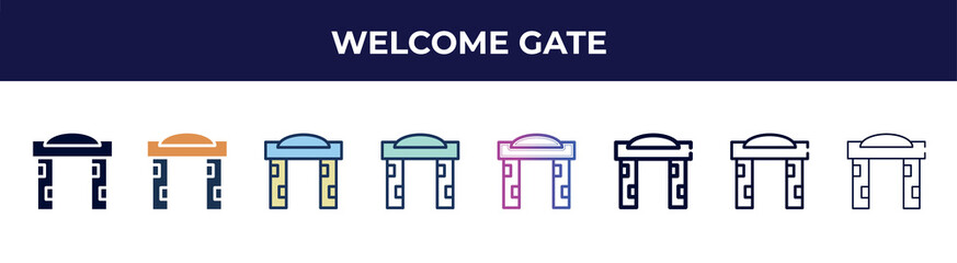 Poster - welcome gate icon in 8 styles. line, filled, glyph, thin outline, colorful, stroke and gradient styles, welcome gate vector sign. symbol, logo illustration. different style icons set.