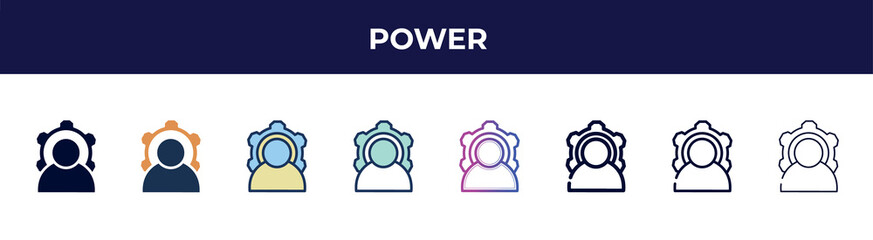 Poster - power icon in 8 styles. line, filled, glyph, thin outline, colorful, stroke and gradient styles, power vector sign. symbol, logo illustration. different style icons set.