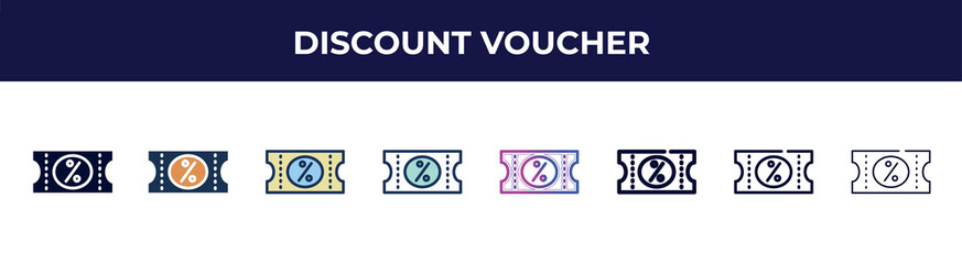 Poster - discount voucher icon in 8 styles. line, filled, glyph, thin outline, colorful, stroke and gradient styles, discount voucher vector sign. symbol, logo illustration. different style icons set.