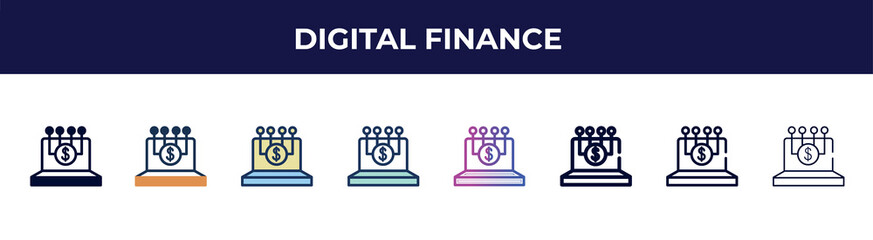 Poster - digital finance icon in 8 styles. line, filled, glyph, thin outline, colorful, stroke and gradient styles, digital finance vector sign. symbol, logo illustration. different style icons set.