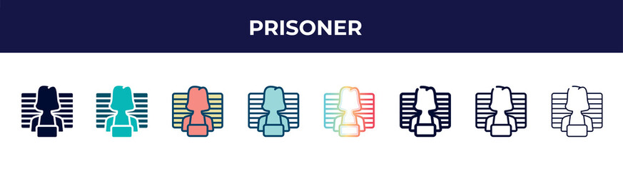 Poster - prisoner icon in 8 styles. line, filled, glyph, thin outline, colorful, stroke and gradient styles, prisoner vector sign. symbol, logo illustration. different style icons set.